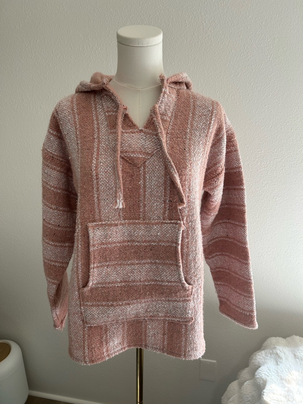 Bernardo Pink and Cream Striped Hooded Baja Knit Pullover